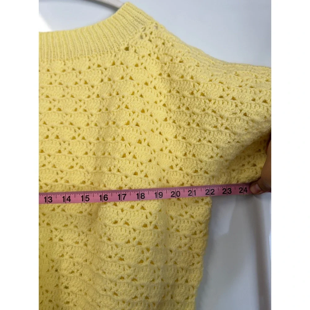 Vintage Yellow Crochet Knit Short Sleeve Sweater Pointelle Crew Neck Top